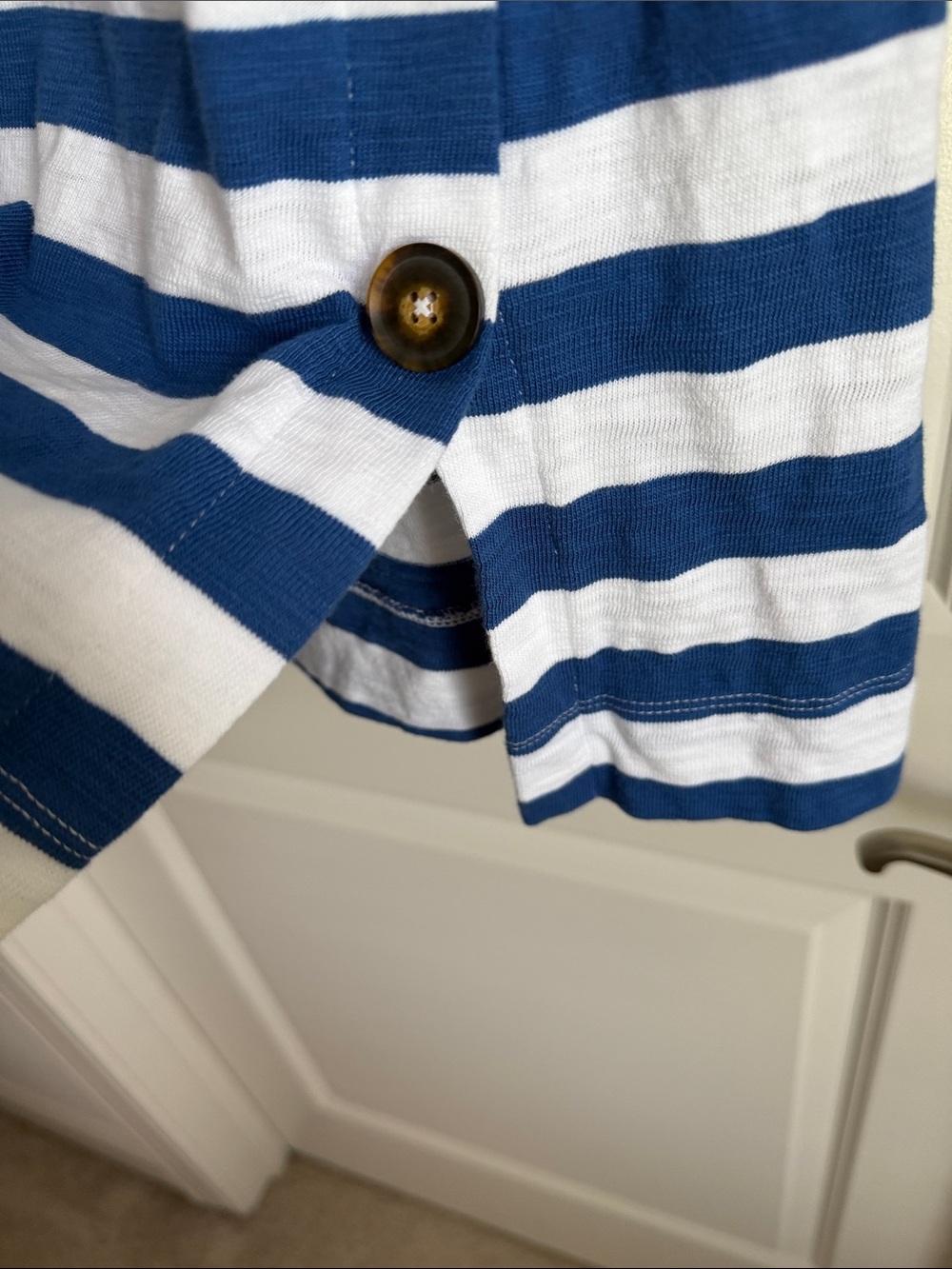 100% Cotton Loft Blue and White Striped Sleeveless Midi Dress with Side Buttons - Picture 5 of 8